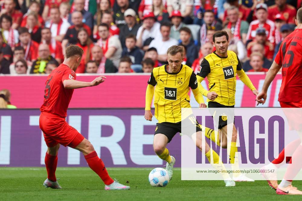 In duel, action, with Joshua Kimmich 6 FC Bayern Muenchen , Maximilian Beier 14 Borussia Dortmund , FC Bayern Muenchen vs Borussia Dortmund, Football, 1 Bundesliga, 29 Matchday, 12 04 2025 DFB regulations prohibit any use of photographs as image sequences and or quasi video Muenchen Bayern Germany