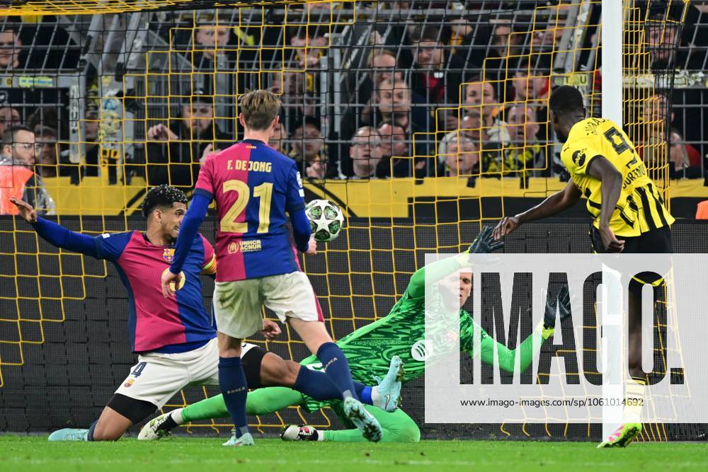 DORTMUND - Sehrou Guirassy of Borussia Dortmund scores his hat trick during the quarterfinal Champions League match between Borussia Dortmund and FC Barcelona, Barca at Signal Iduna Park stadium on April 15, 2025 in Dortmund, Germany. ANP Hollandse Hoogte Borussia Dortmund v FC Barcelona 2024 25 ANPxSportx xGerritxvanxKeulenxIVx 524606554 originalFilename: 524606554
