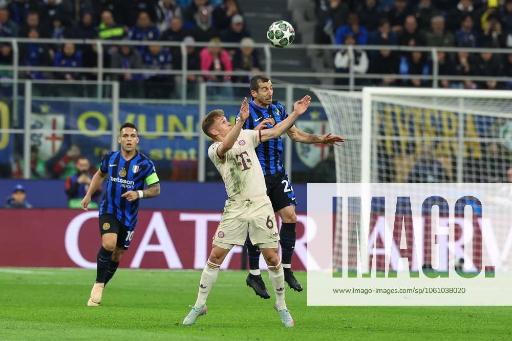 In duel, action, with Joshua Kimmich 6 FC Bayern Muenchen , Henrikh Mkhiataryan 22 Inter Milan , Inter Milan vs FC Bayern Muenchen, Football, Champions League, Quarter-final, second leg, 16 04 2025 Milan Lombardy Italy
