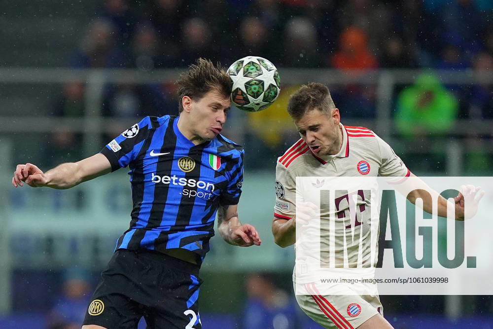 Inter MilanÕs Nicolo Barella .fights for the ball with Bayern s Josip Stanisic during the Uefa Champions League soccer match between Inter and Bayern Munich at San Siro Stadium in Milan , North Italy - , Wednesday April 16, 2025 . - Soccer