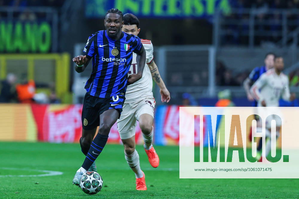 Marcus Thuram of FC Internazionale seen in action during UEFA Champions League 2024 25 Quarter Final - 2nd leg football match between FC Internazionale and FC Bayern Munchen at San Siro Stadium Milan Italy on 16 April 2025. Milan Stadio Giuseppe Meazza Milan Italy