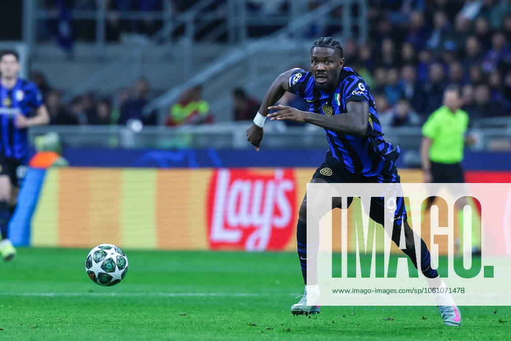 Marcus Thuram of FC Internazionale seen in action during UEFA Champions League 2024 25 Quarter Final - 2nd leg football match between FC Internazionale and FC Bayern Munchen at San Siro Stadium Milan Italy on 16 April 2025. Milan Stadio Giuseppe Meazza Milan Italy