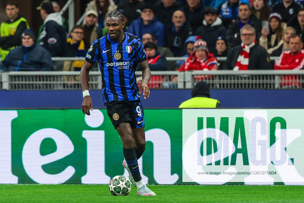 Marcus Thuram of FC Internazionale seen in action during UEFA Champions League 2024 25 Quarter Final - 2nd leg football match between FC Internazionale and FC Bayern Munchen at San Siro Stadium Milan Italy on 16 April 2025. Milan Stadio Giuseppe Meazza Milan Italy
