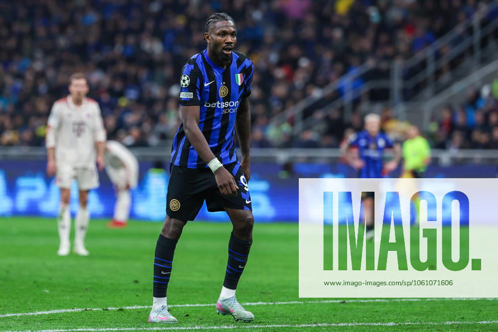 Marcus Thuram of FC Internazionale seen in action during UEFA Champions League 2024 25 Quarter Final - 2nd leg football match between FC Internazionale and FC Bayern Munchen at San Siro Stadium Milan Italy on 16 April 2025. Milan Stadio Giuseppe Meazza Milan Italy