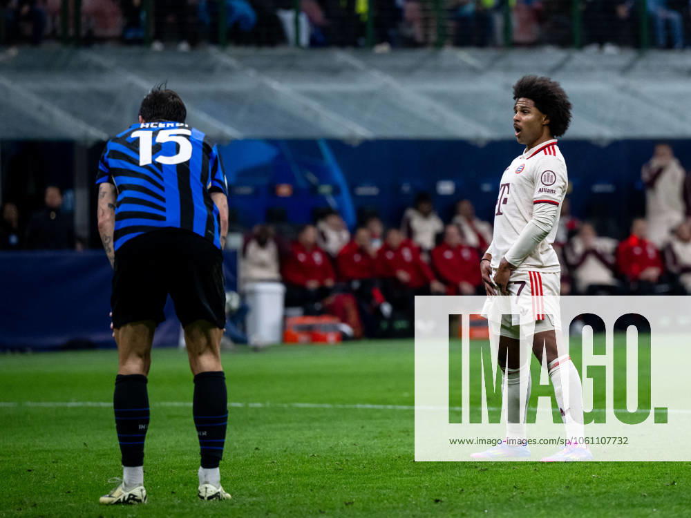 Serge Gnabry FC Bayern Muenchen, 07 is annoyed about a missed goal chance, in front Francesco Acerbi Inter Milan, 15 , ITA, Inter Milan vs FC Bayern Muenchen, Football, UEFA Champions League, Quarter-final second leg, 2024 2025 season, 16 04 2025 ITA, Inter Milan vs FC Bayern Muenchen, Football, UEFA Champions League, Quarter-final second leg, 2024 2025 season, 16 04 2025 Milano