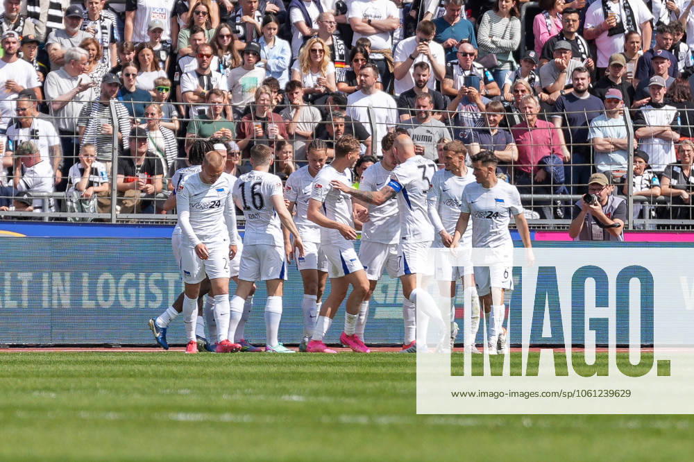 Goal celebration, Emotions, Goal shot, Goal success, Goal, Goal, Germany, Football, 2 Bundesliga, Matchday 30, 2024 2025, SSV Ulm 1846 Football vs Hertha BSC, 20 04 2025, Donaustadion, Ulm, Germany DFL REGULATIONS PROHIBIT ANY USE OF PHOTOGRAPHS AS IMAGE SEQUENCES AND OR QUASI VIDEO Ulm Donaustadion Baden Württemberg Germany