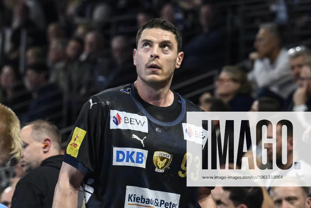 In the picture from l Mijajlo Marsenic Fuechse Berlin, 93 , gets, sees red, GER, Berlin, Handball, Fuechse Berlin vs Aalborg Handbold, HF Champions League, in the Max Schmeling Halle, 24 04 2025,