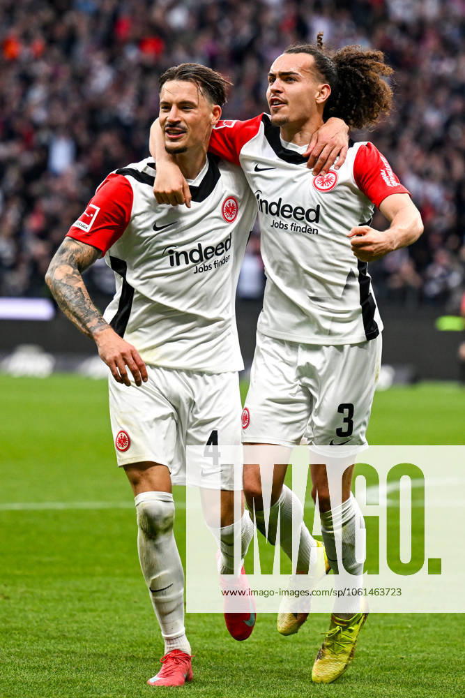 Robin Koch Eintracht Frankfurt, 04 and Arthur Theate Eintracht Frankfurt, 03 celebrate the goal for 4 0, GER, Eintracht Frankfurt vs RB Leipzig, Football, 1 Bundesliga, Matchday 31, Season 2024 2025, 26 04 2025 DFL REGULATES PROHIBIT ANY USE OF PHOTOGRAPHS as IMAGE SEQUENCES and or QUASI VIDEO GER, Eintracht Frankfurt vs RB Leipzig, Football, 1 Bundesliga, 31 Matchday, Season 2024 2025, 26 04 2025 Frankfurt am Main