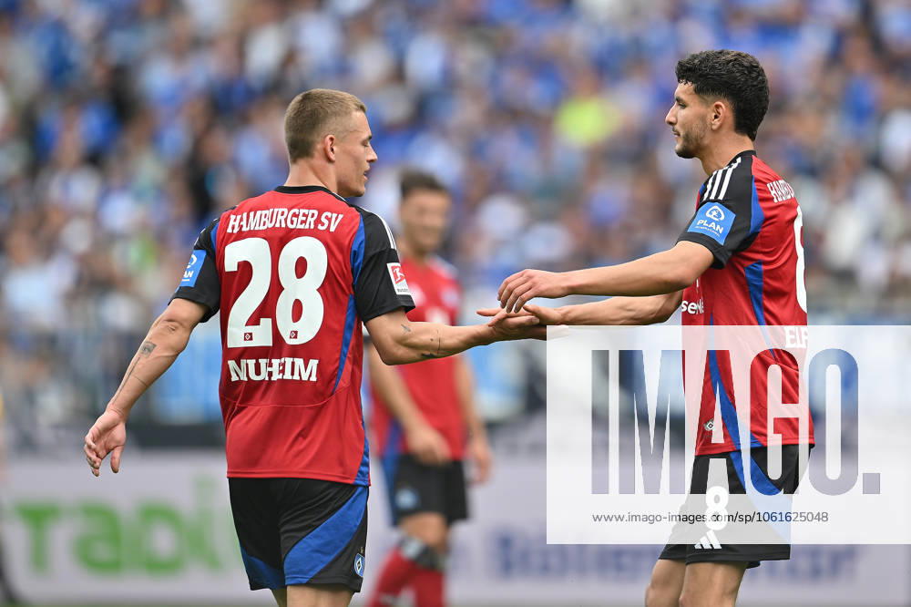 Soccer I Men I Season 2024 2025 I 2 Bundesliga I 32 Matchday I SV Darmstadt 98 Hamburger SV I 03 05 2025 Miro Muheim 28, Hamburger SV and Daniel Elfadli 8, Hamburger SV Darmstadt Böllenfalltor Hessen Germany