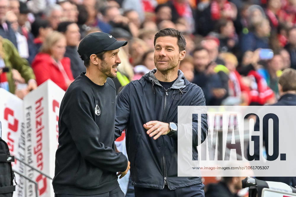 Julian Schuster SC Freiburg, Coach and Xabi Alonso Bayer 04 Leverkusen, Head Coach greet each other before the match GER, SC Freiburg Bayer 04 Leverkusen, Football, Bundesliga, Matchday 32, Season 2024 2025, 04 05 2025 DFL DFB REGULATIONS PROHIBIT ANY USE OF PHOTOGRAPHS AS IMAGE SEQUENCES AND OR QUASI VIDEO GER, SC Freiburg Bayer 04 Leverkusen, Football, Bundesliga, Matchday 32, Season 2024 2025, 04 05 2025 Freiburg