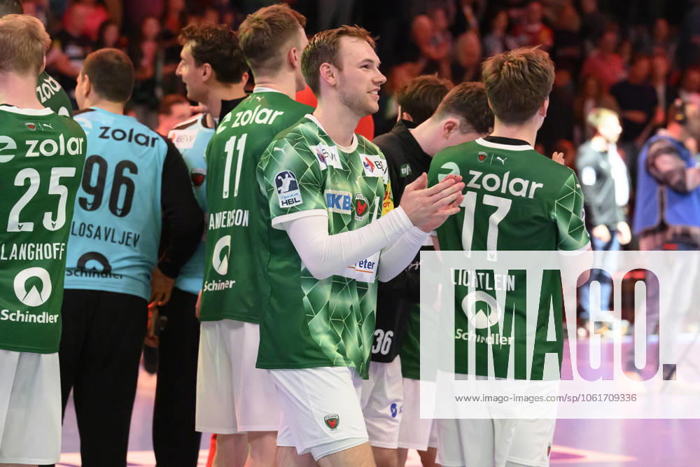 In the picture from l Mathias Gidsel Fuechse Berlin, 19 , are happy about their victory, GER, Berlin, Handball, Fuechse Berlin vs SG BBM Bietigheim, DAIKIN Handball Bundesliga, in the Max Schmeling Halle, 04 05 2025,