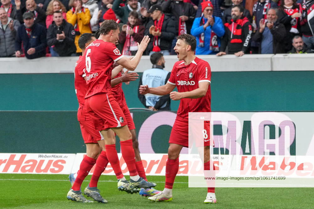 Maximilian Eggestein SC Freiburg, 08 Goal celebration, Emotions, Goal shot, Goal, Goal, Goal, Germany, Football, 1 Bundesliga, 32 Matchday, 2024 2025, SC Freiburg vs Bayer 04 Leverkusen, 04 05 2025, Europa Park Stadion, Freiburg, Germany DFL REGULATIONS PROHIBIT ANY USE OF PHOTOGRAPHS AS IMAGE SEQUENCES AND OR QUASI VIDEO Freiburg Europa Park Stadion Baden Württemberg Germany
