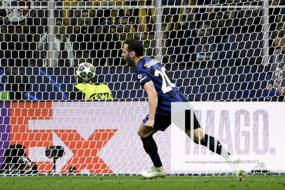 Hakan Calhanoglu of FC Internazionale scores the goal of 2-0 during the UEFA Champions League 2024 2025 semifinal between FC Internazionale and FC Barcelona, Barca at San Siro stadium in Milano (Italy), May 6, 2025. AndreaxStaccioli