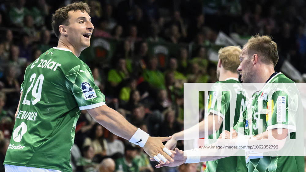 In the picture from l Mathias Gidsel Fuechse Berlin, 19 , Max Darj Fuechse Berlin, 05 , goal, hit, jubilation, goal celebration, joy, enthusiasm, celebrates, GER, Berlin, handball, Fuechse Berlin vs ThSV Eisenach, DAIKIN Handball Bundesliga, in the Max Schmeling Halle, 15 05 2025,