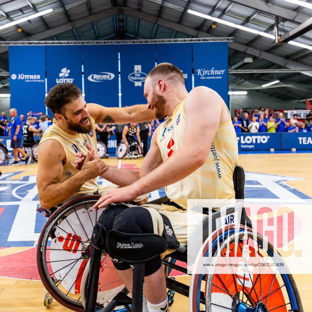 GER, Wheelchair basketball, Men Women, Season 24 25, 1 Bundesliga, PlayOff Final, RSB Thuringia Bulls RSV Lahn Dill Pictured Jordi Ruiz RSB Thuringia Bulls , Lukas Glossner RSB Thuringia Bulls The Thuringia Bulls team beat the visiting team from RSV Lahn Dill again in the second PlayOff match to win the season 24 25 German Championship German Champion 99189 Elxleben Fit In Freizeitanlage Sporthal Thueringen Germany