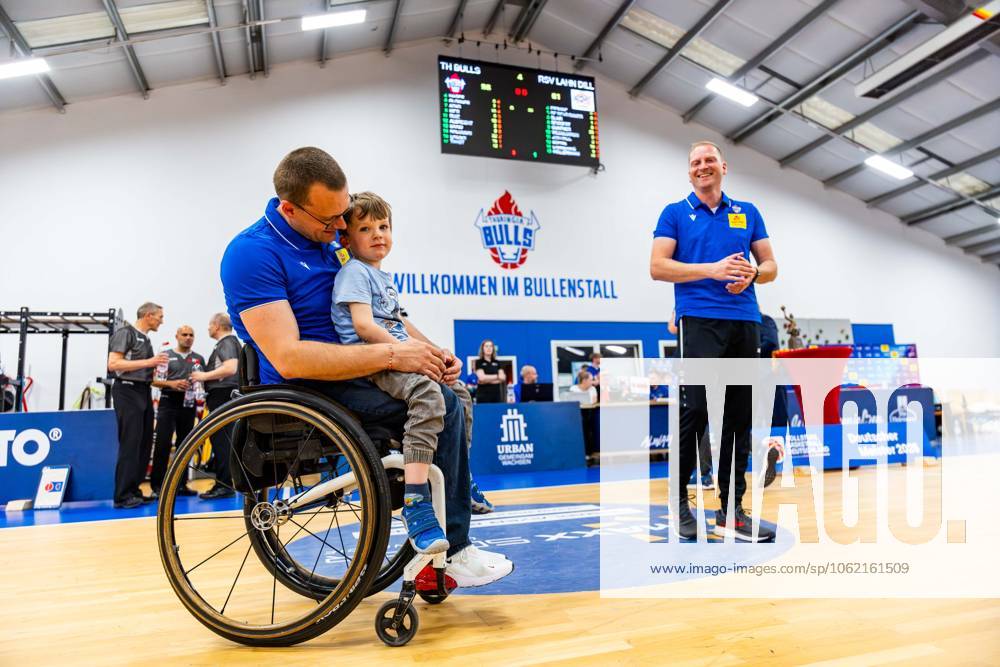 GER, Wheelchair basketball, Men Women, Season 24 25, 1 Bundesliga, PlayOff Final, RSB Thuringia Bulls RSV Lahn Dill In the picture Andre Bienek RSB Thuringia Bulls together with his son Matteo The Thuringia Bulls team beat the visiting team from RSV Lahn Dill again in the second PlayOff match to win the season 24 25 German Championship German Champion 99189 Elxleben Fit In Freizeitanlage Sporthal Thueringen Germany