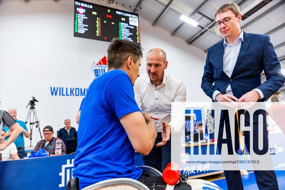 GER, Wheelchair basketball, Men Women, Season 24 25, 1 Bundesliga, PlayOff Final, RSB Thuringia Bulls RSV Lahn Dill In the picture Aliaksandr Halouski RSB Thuringia Bulls during the medal presentation by David Moeller State Secretary for Sport and Volunteering in the Thuringian State Chancellery The Thuringia Bulls team beat the visiting team from RSV Lahn Dill again in the second PlayOff match to win the season 24 25 German Championship German Champion 99189 Elxleben Fit In Freizeitanlage Sporthal Thueringen Germany