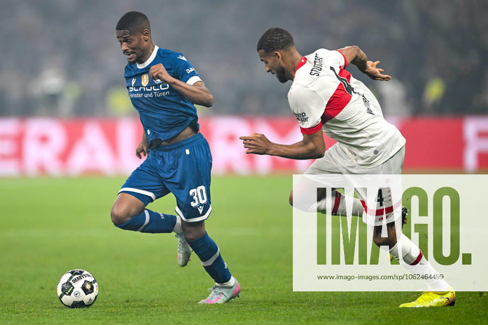 Isaiah Young DSC Arminia Bielefeld, 30 in duel with Josha Vagnoman VfB Stuttgart, 04 , GER, DSC Arminia Bielefeld vs VfB Stuttgart, Football, Men, DFB Pokal, Final, Season 2024 2025, 24 05 2025, DFB REGULATIONS PROHIBIT ANY USE OF PHOTOGRAPHS AS IMAGE SEQUENCES AND OR QUASI VIDEO GER, DSC Arminia Bielefeld vs VfB Stuttgart, Football, Men, DFB Cup, Final, Season 2024 2025, 24 05 2025, Berlin