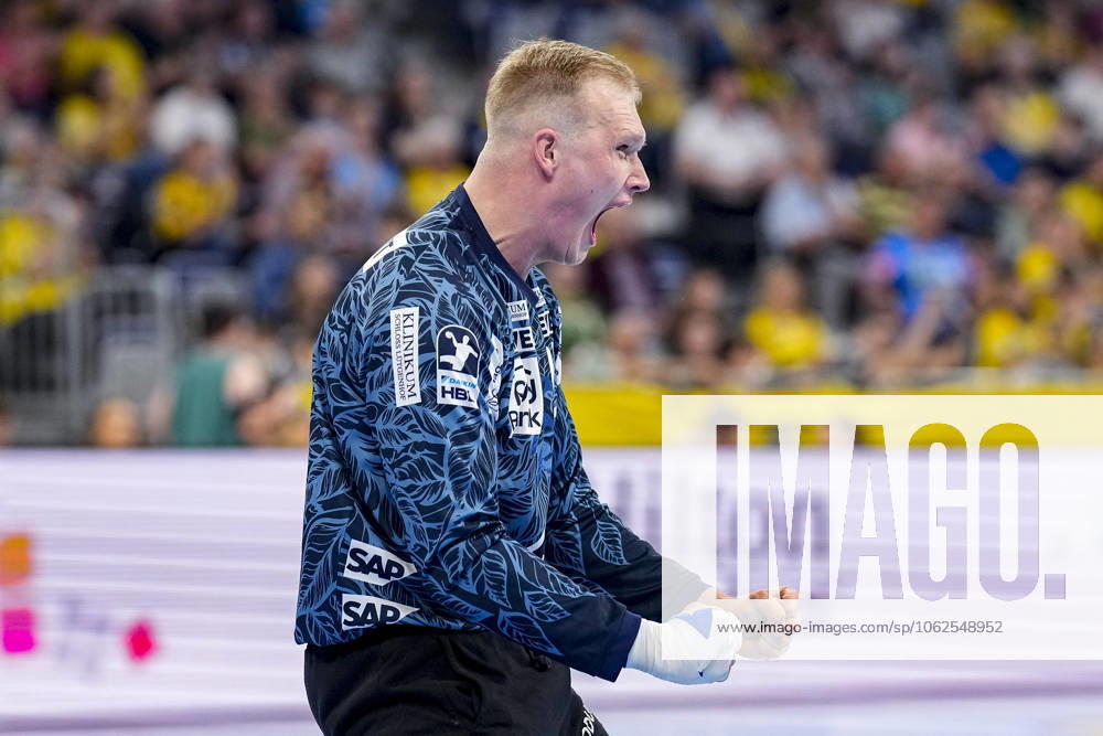 David Späth Goalkeeper, RNL, 29 , single picture, single photo, action, action, cheer, cheers, celebration, joy, rejoice, rejoicing, confident, optimistic, positive, game scene, 29 05 2025, Mannheim Germany , Handball, Bundesliga, Rhein Neckar Löwen TVB Stuttgart