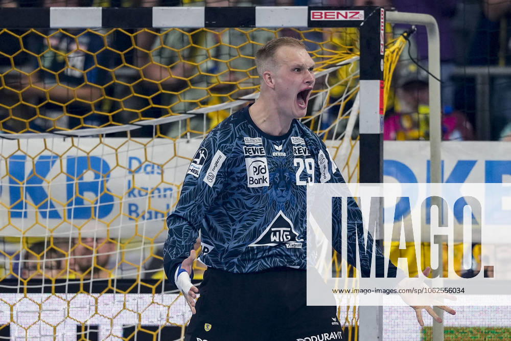 David Späth Goalkeeper, RNL, 29 , single picture, single photo, action, action, cheer, cheers, celebration, joy, rejoice, rejoicing, confident, optimistic, positive, game scene, 29 05 2025, Mannheim Germany , Handball, Bundesliga, Rhein Neckar Löwen TVB Stuttgart