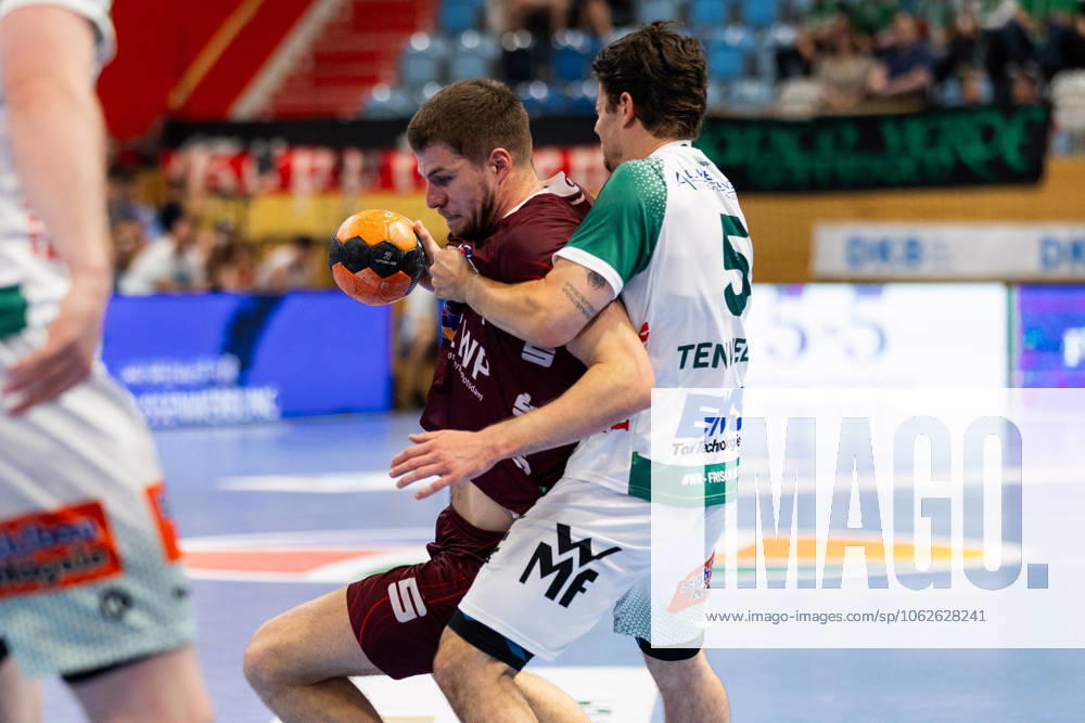 Rutger TEN VELDE FRISCH AUF Goeppingen, 05 in a duel against Ole SCHRAMM 1 VFL Potsdam, 13 1 VfL Potsdam POT vs FRISCH AUF Goeppingen FAG , Handball, Men, Daikin Handball Bundesliga HBL , 32 Matchday, Season 2024 2025, 31 05 2025 1 VfL Potsdam POT vs FRISCH AUF Goeppingen FAG , Handball, Men, Daikin Handball Bundesliga HBL , 32 Matchday, Season 2024 2025, 31 05 2025 Potsdam