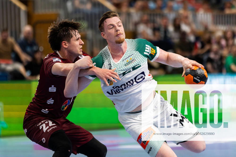 Erik PERSSON FRISCH AUF Goeppingen, 22 in a duel against Maxim ORLOV 1 VFL Potsdam, 22 1 VfL Potsdam POT vs FRISCH AUF Goeppingen FAG , Handball, Men, Daikin Handball Bundesliga HBL , Matchday 32, Season 2024 2025, 31 05 2025 1 VfL Potsdam POT vs FRISCH AUF Goeppingen FAG , Handball, Men, Daikin Handball Bundesliga HBL , Matchday 32, Season 2024 2025, 31 05 2025 Potsdam