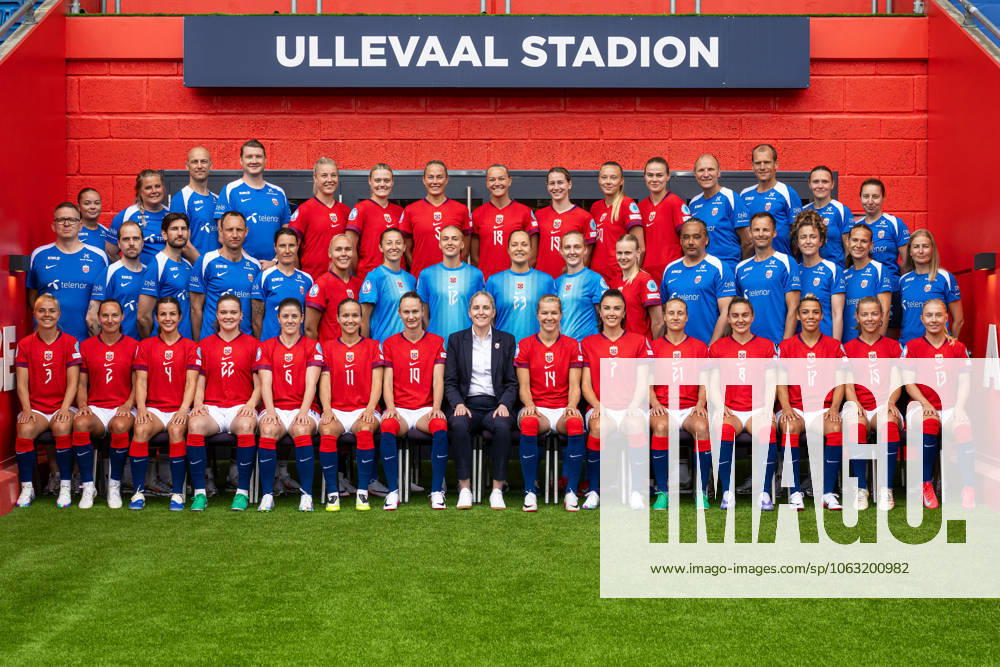 Players and staff of the Norwegian women s national football team pose for a team photo ahead of the UEFA Women s Euro on June 23, 2025 in Oslo Top row, left to right Content producer Anniken Saetre Pedersen, physio Rikke Kommedahl Berg, physio Per Otto Ringstad, masseur Marius Eriksrud, Sophie Roman Haug, Mathilde Harviken, Guro Bergsvand, Frida Maanum, Elisabeth Terland, Synne Sofie Kinden Jensen, Marthine ostenstad, kit manager John Konstad, doctor Trygve Hunemo, content producer Ingvild Isaksen and performance mindset coach Sally Needham Middle row Media officer Henning Sverdrup, analyst Morten Olsen, analyst Simon Tengwall Hansen, coach Terje Skjeldestad, assistant coach Ingvild Stensland, Maria Thorisdottir, Cecilie Fiskerstrand, Selma Panengstuen, Aurora Mikalsen, Sunniva Skoglund, Karina Saevik, assistant coach Lee Skyrme, goalkeeper coach Jon Knudsen, fitness coach Frankie Hunter, kit manager Ingunn Berger Saether and team manager Jeanette Ringstad Front row Emilie Woldvik, Marit Bratberg Lund, Tuva Hansen, Signe Gaupset, Maren Mjelde, Guro Reiten, Caroline Graham Hansen, head coach Gemma Grainger, Ada Hegerberg, Ingrid Syrstad Engen, Lisa Naalsund, Vilde Boe Risa, Celin Bizet, Justine Kielland and Thea Bjelde Photo Vegard Grott BILDBYRAN kod VG VG0770 bbeng fotboll fotball dam norge norway lagbilde lagfoto lagbild team picture team photo precamp uefa euro em kvinner em 2025