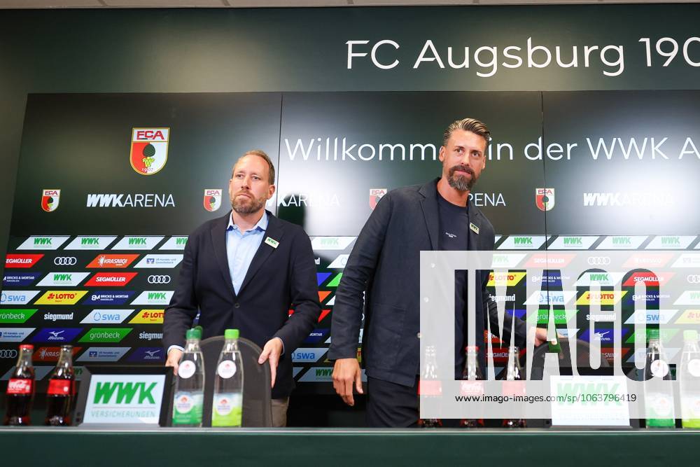 , Managing Director Finance Michael Stroell FC Augsburg , Presentation Head Coach Sandro Wagner, FC Augsburg, Football, 1 Bundesliga, 07 07 2025 DFB regulations prohibit any use of photographs as image sequences and or quasi video Augsburg Bayern Germany