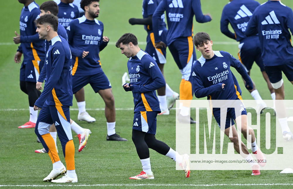 Training session of Real Madrid MADRID, SPAIN - FEBRUARY 28: Raul Asencio (L), Brahim Diaz (C) and Arda Guler (R) of Real Madrid attend training session at Valdebebas facilities ahead of LaLiga 26th week football match against Real Betis in Madrid, Spain on February 28, 2025. Madrid Spain. Editorial use only. Please get in touch for any other usage.