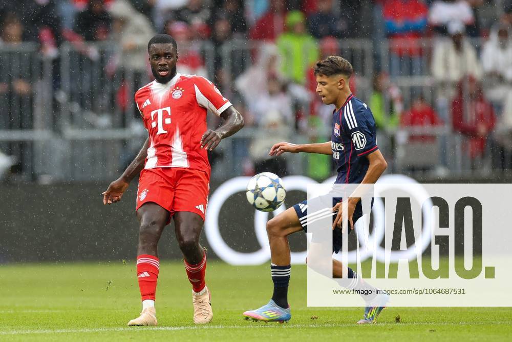 In duel, action, with Dayot Upamecano 2 FC Bayern Muenchen Khalis Merah 44 Olympique Lyon , FC Bayern Muenchen vs Olympique Lyon, Football, 1 Bundesliga, Test match, 02 08 2025 DFB regulations prohibit any use of photographs as image sequences and or quasi video Muenchen Bayern Germany