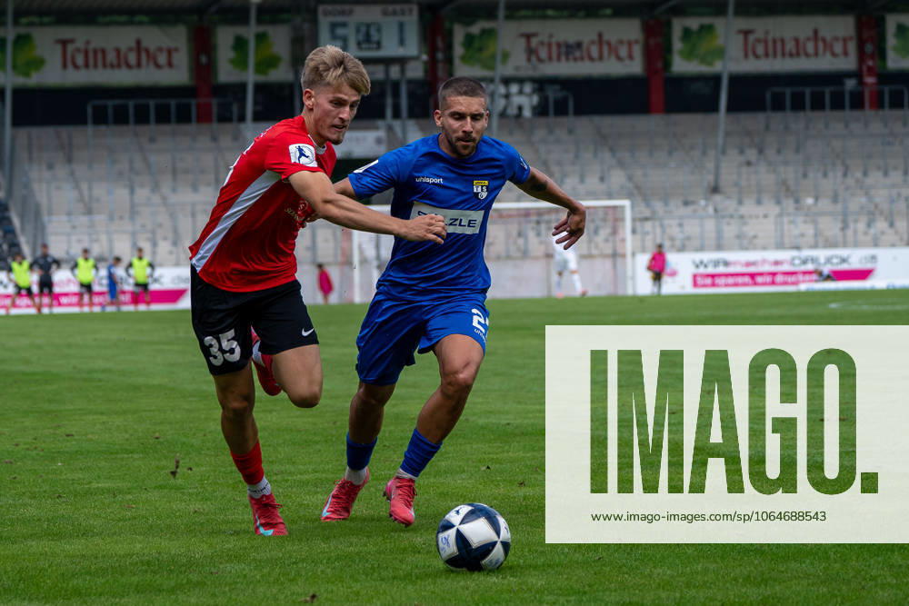 Lukas Stoppel SG Sonnenhof Großaspach, 35 in duel with Jonas Braendle TSG Balingen, 27 , SG Sonnenhof Großaspach vs TSG Balingen, Soccer, Regionalliga Südwest, Matchday 1, Season 2025 2026, 02 08 2025 SG Sonnenhof Großaspach vs TSG Balingen, Soccer, Regionalliga Südwest, Matchday 1, Season 2025 2026, 02 08 2025 Aspach