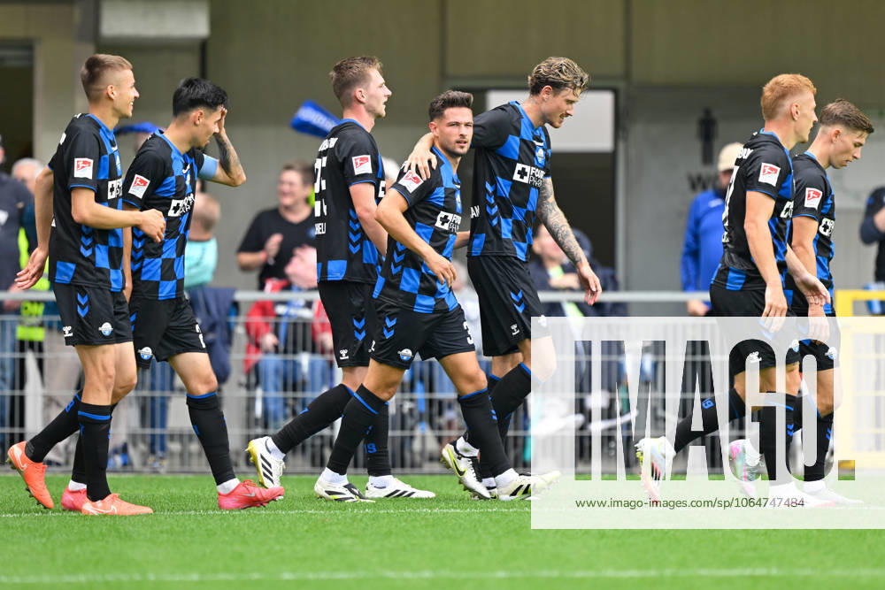 Paderborn, Home Deluxe Arena, 02 08 25, GER, Herren, 2 Bundesliga, Saison 2025 2026, SC Paderborn 07 KSV Holstein Kiel Bild Marcel HOFFMEIER Paderborn jubilates after his goal for 1 0 DFL regulations prohibit any use of photographs as image sequences and or quasi video NRW Germany