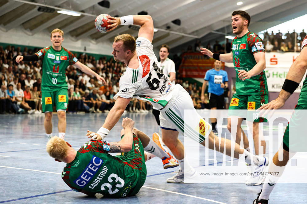 Justus Fischer TSV Hannover Burgdorf,54 1 Handball Bundesliga Season 2025 2026 Test match HG 85 Köthen vs SC Magdeburg in the Heinz Fricke sports hall in Köthen Action,Handball,Man,Men,Germany