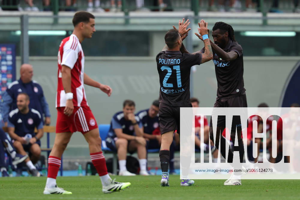 Napolis Matteo Politano celebrates after scoring goal 1-0 during the friendly match Napoli and Olympiakos at the Teofilo Patini Stadium in Castel Di Sangro, Central Southern Italy - Thursday, August 14 , 2025. -Soccer .