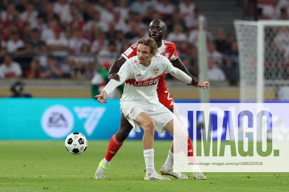 In duel, action, with Dayot Upamecano 2 FC Bayern Muenchen , Nick Woltemade 11 VfB Stuttgart , VfB Stuttgart vs FC Bayern Muenchen, Soccer, Franz Beckenbauer Supercup, 16 08 2025 Stuttgart Baden Wuerttemberg Germany