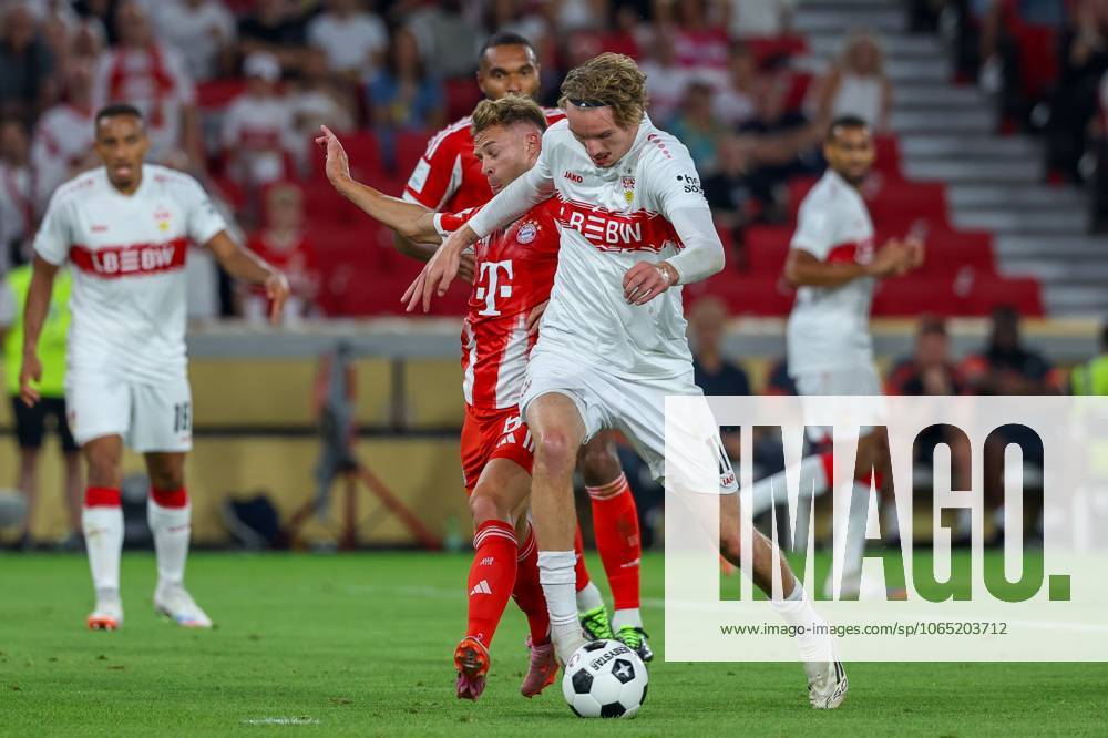 In duel, action, with Joshua Kimmich 6 FC Bayern Muenchen , Nick Woltemade 11 VfB Stuttgart , VfB Stuttgart vs FC Bayern Muenchen, Football, Franz Beckenbauer Supercup, 16 08 2025 Stuttgart Baden Wuerttemberg Germany
