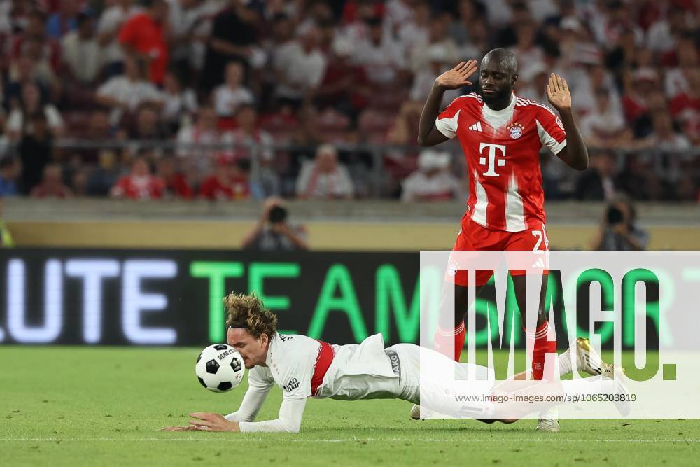 In duel, action, with Dayot Upamecano 2 FC Bayern Muenchen , Nick Woltemade 11 VfB Stuttgart , VfB Stuttgart vs FC Bayern Muenchen, Soccer, Franz Beckenbauer Supercup, 16 08 2025 Stuttgart Baden Wuerttemberg Germany