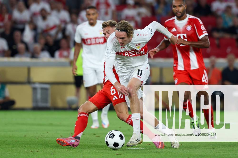 In duel, action, with Joshua Kimmich 6 FC Bayern Muenchen , Nick Woltemade 11 VfB Stuttgart , VfB Stuttgart vs FC Bayern Muenchen, Football, Franz Beckenbauer Supercup, 16 08 2025 Stuttgart Baden Wuerttemberg Germany