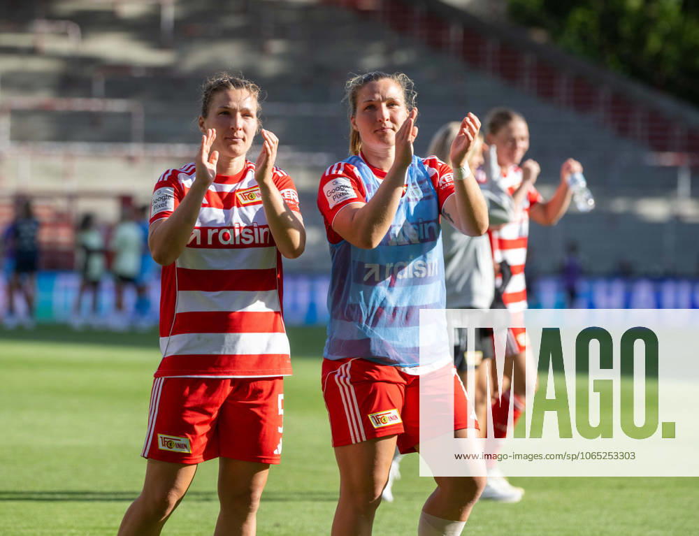 Soccer, Women, Test match, Season 2025 2026, 1 FC Union Berlin Real Madrid, f l Katja Orschmann 1 Women 1 FC Union , Dina Orschmann 1 Women 1 FC Union , Cheering after the final whistle, 17 08 2025,