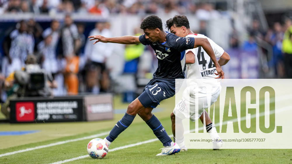 V li Bernardo Fernandes da Silva Junior Hoffenheim, 13 , Can Uzun SGE, 42 , duel, duel scene, duel, tackle, tackling, dynamics, action, 30 08 2025, Sinsheim Germany , Football, Bundesliga, TSG 1899 Hoffenheim Eintracht Frankfurt, DFB DFL REGULATIONS PROHIBIT ANY USE OF PHOTOGRAPHS AS IMAGE SEQUENCES AND OR QUASI VIDEO