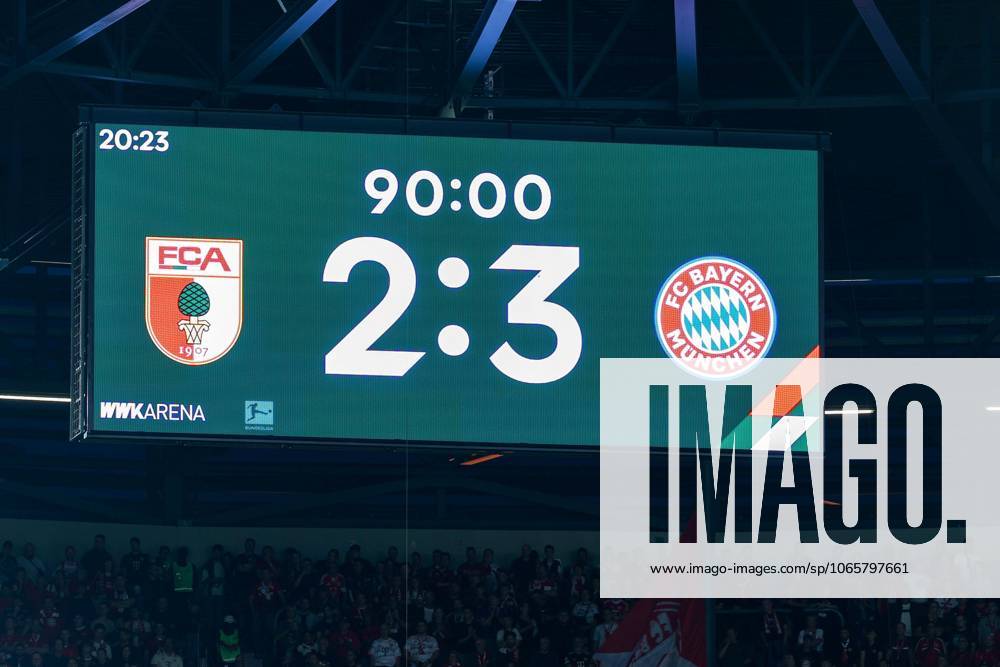 Final score on the scoreboard, 2 3, FC Augsburg vs FC Bayern Muenchen, Football, 1 Bundesliga, 2 Matchday, 30 08 2025 DFB regulations prohibit any use of photographs as image sequences and or quasi video Augsburg Bayern Germany