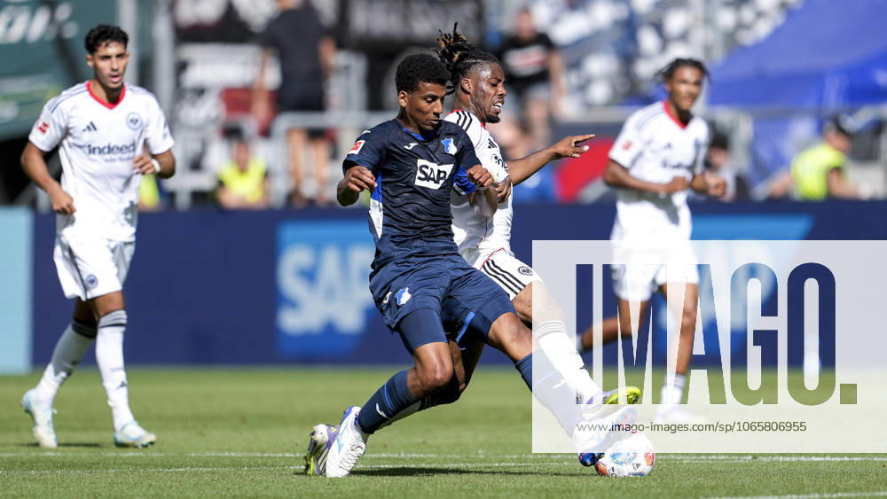 V li Bernardo Fernandes da Silva Junior Hoffenheim, 13 , Elye Wahi SGE, 17 , duel, duel scene, duel, tackle, tackling, dynamics, action, 30 08 2025, Sinsheim Germany , Football, Bundesliga, TSG 1899 Hoffenheim Eintracht Frankfurt, DFB DFL REGULATIONS PROHIBIT ANY USE OF PHOTOGRAPHS AS IMAGE SEQUENCES AND OR QUASI VIDEO