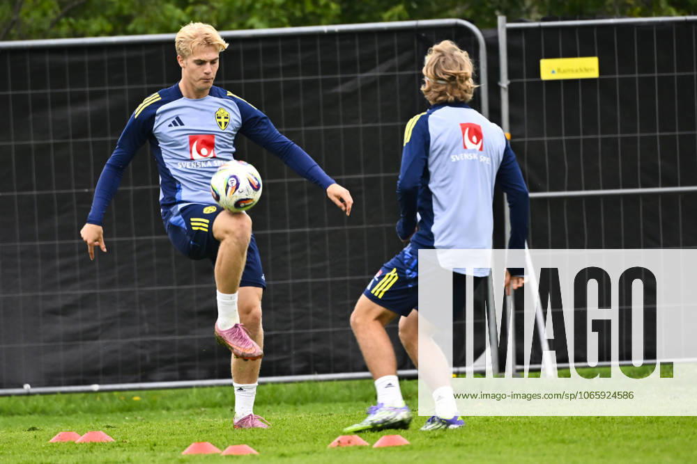 STOCKHOLM, SWEDEN 20250901 Swedish national team captain Jon Dahl Tomasson and players Lucas Bergvall, Sebastian Nanasi and Anthony Elanga during a training session as the Swedish men s national team gathers for upcoming World Cup qualifiers against Slovenia and Kosovo STOCKHOLM SWEDEN