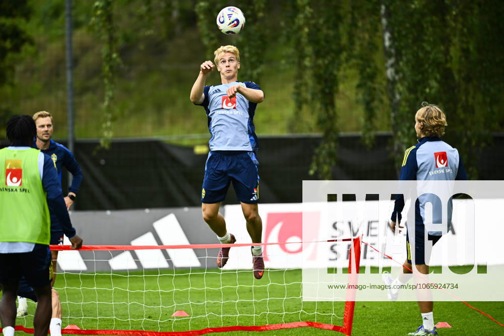 STOCKHOLM, SWEDEN 20250901 Swedish national team captain Jon Dahl Tomasson and players Lucas Bergvall, Sebastian Nanasi and Anthony Elanga during a training session as the Swedish men s national team gathers for upcoming World Cup qualifiers against Slovenia and Kosovo STOCKHOLM SWEDEN