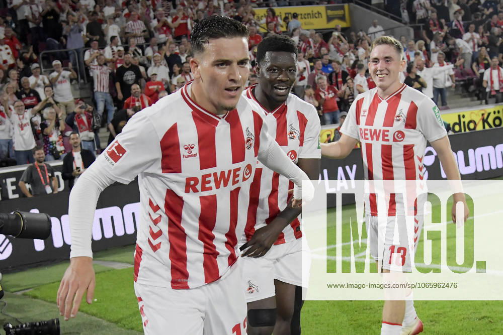 Said El Mala Koeln 13 celebrates after scoring 4 0 with Ragnar Ache Koeln 9 Isak Johannesson Koeln 18 31 08 2025 Soccer 1 FC Koeln vs SC Freiburg, Rheinenergiestadion, Koeln, DFB DFL REGULATIONS PROHIBIT ANY USE OF PHOTOGRAPHS AS IMAGE SEQUENCES AND OR QUASI VIDEO