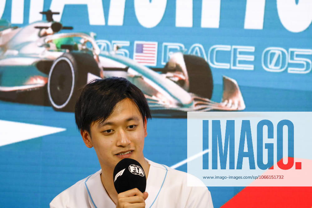 Drivers press conference, PK, Pressekonferenz held in Florida ahead of the F1 Grand Prix of Miami MIAMI GARDENS, FLORIDA, UNITED STATES - MAY 4: Driver Zhou Guanyu of Oracle Alfa Romeo F1 Team speaks during a drivers press conference ahead of the F1 Grand Prix of Miami at the Miami International Autodrome on May 04, 2023 in Miami Gardens, Florida, United States. Florida United States. Editorial use only. Please get in touch for any other usage.