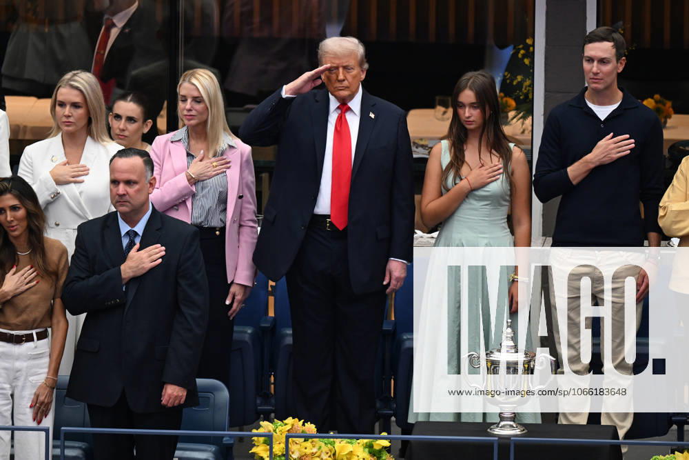 President Donald Trump salutes during the National Anthem before watching Jannik Sinner of Italy play Carlos Alcaraz of Spain in the Men s Finals of the 2025 US Open Tennis Championship in Arthur Ashe Stadium at the USTA Billie Jean King National Tennis Center in Flushing Meadows, New York, on Sunday, September 7, 2025. NYP20250907203 LARRYxMARANO