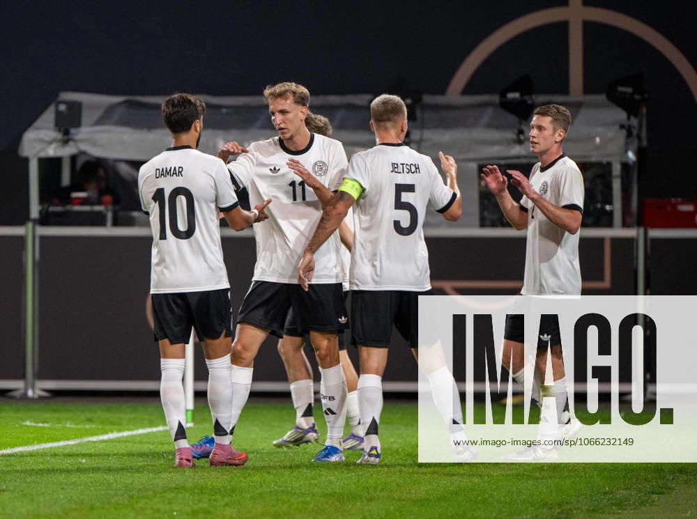 Soccer, Youth, Season 2025 26, U21, European Championship Qualification Group F 3 Matchday in Rostock, Germany Latvia, f l Muhammed Damar U21, Germany , Nelson Weiper U21, Germany , Finn Jeltsch U21, Germany , Elias Baum U21, Germany , Celebration after goal to 1 0, 09 09 2025,