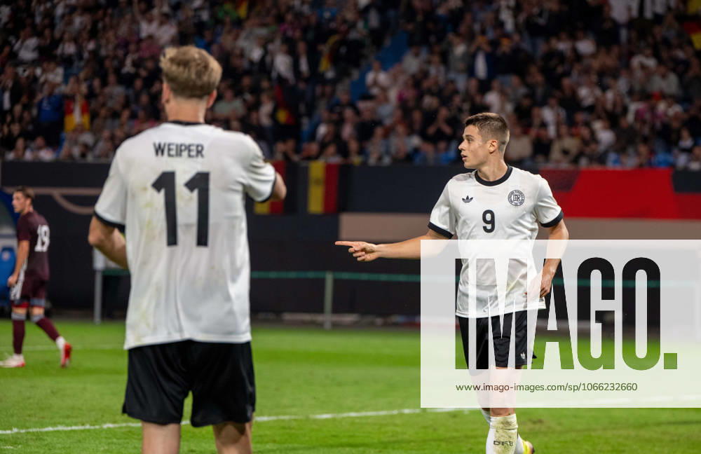 Soccer, Youth, Season 2025 26, U21, European Championship Qualification Group F 3 Matchday in Rostock, Germany Latvia, f l Nelson Weiper U21, Germany , Nicolo Tresoldi U21, Germany , Cheering after scoring 2 0, 09 09 2025,