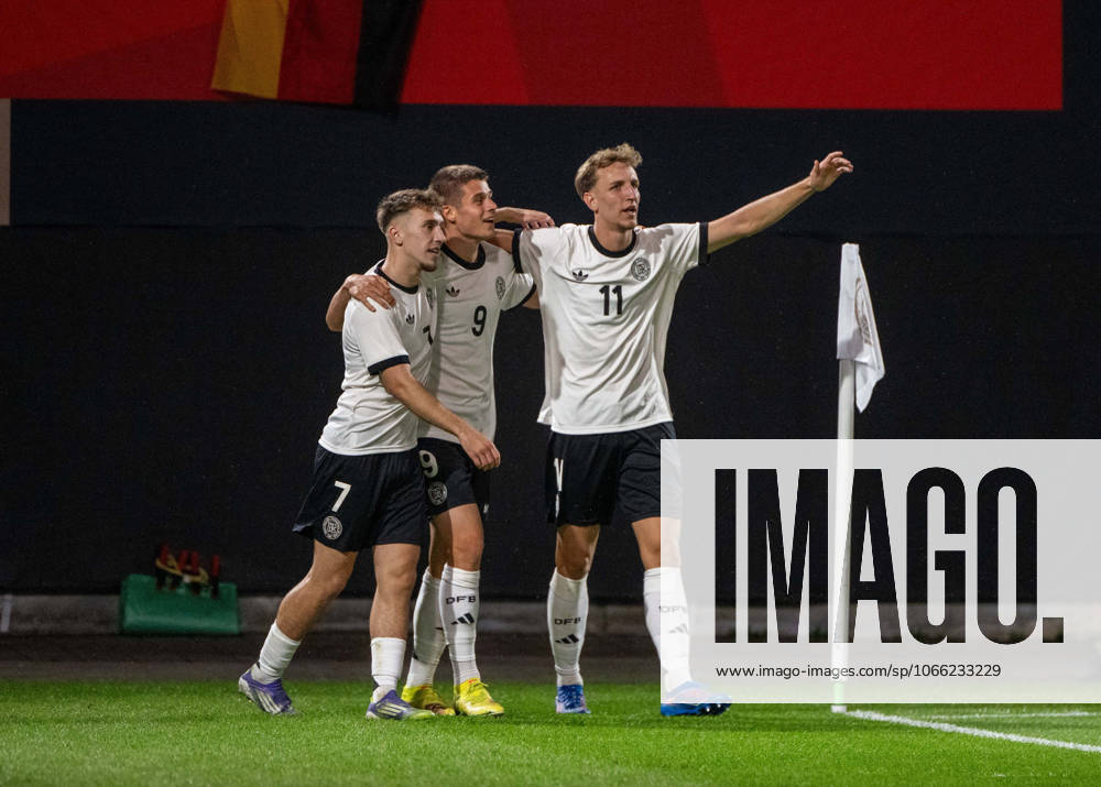 Soccer, Youth, Season 2025 26, U21, European Championship Qualification Group F 3 Matchday in Rostock, Germany Latvia, f l Brajan Gruda U21, Germany , Nicolo Tresoldi U21, Germany , Nelson Weiper U21, Germany , Celebration after goal to 3 0, 09 09 2025,